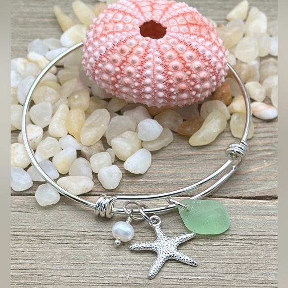 Artisan Jewelry - Sea Glass And Pearl Starfish Charm Bracelet| Genuine Seaglass| Beach Jewelry